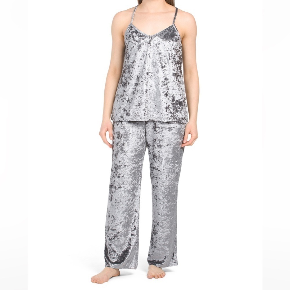 Josie Natori New Size M‎ and L Crushed Velvet Tank Pant Pajama Set Granite Gray